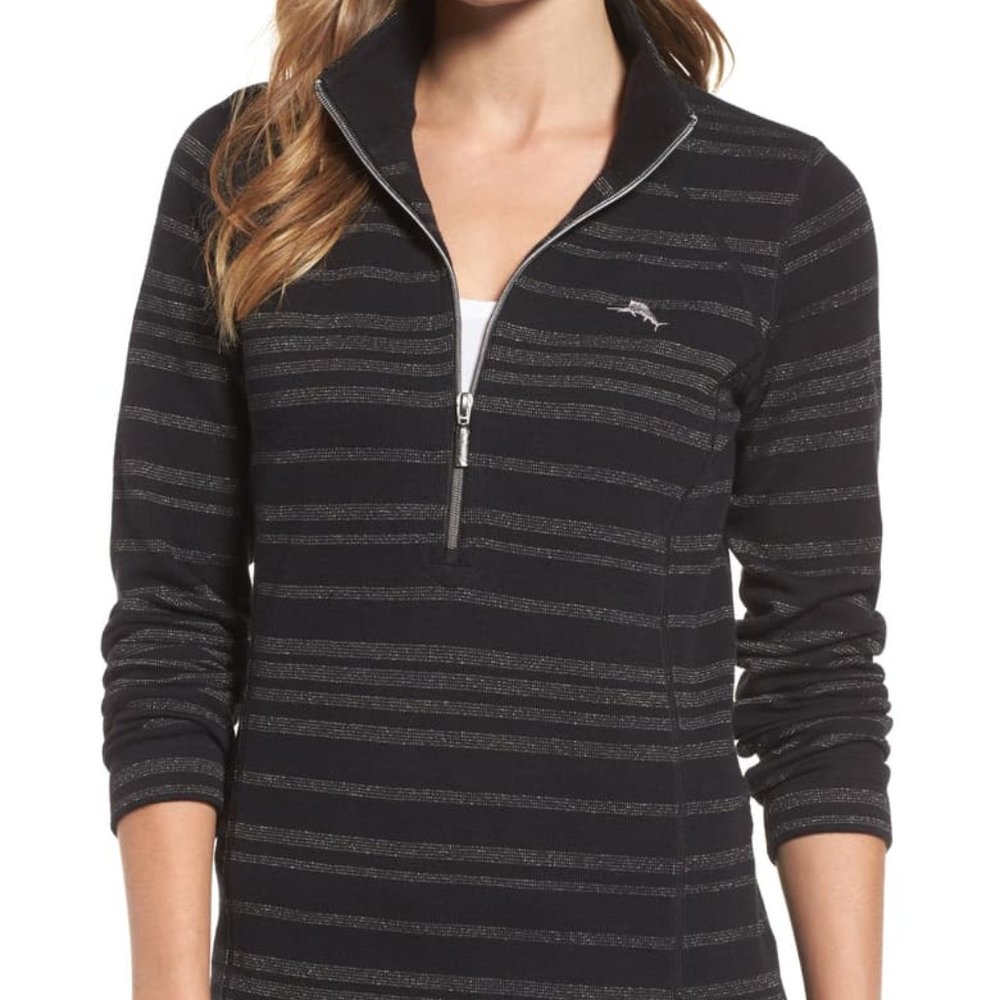 Tommy Bahama Aruba‎ Shazam Stripe Shimer Cotton Black Pullover Lounge Sweatshirt
